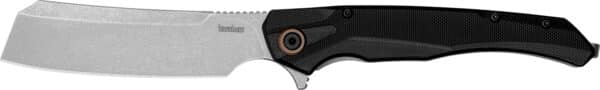 Black handled folding knife with cleaver blade.