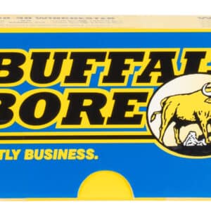 Buffalo Bore ammunition box with yellow buffalo logo.