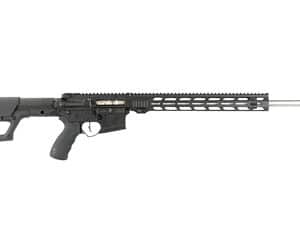 Black rifle with long barrel and tactical grip.
