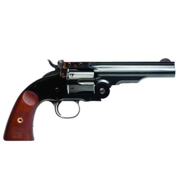 Vintage revolver with wooden handle and metallic finish.