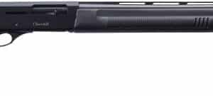 Black hunting shotgun with long barrel.