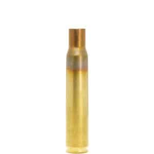 Brass bullet shell casing on white background