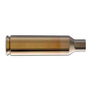 Brass rifle shell casing on white background.